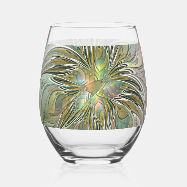 Blumenfantasie Modernes Fraktal Blume mit Gold Weinglas Ohne Stiel (Vorderseite)