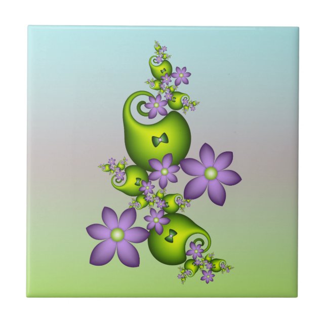 Blumenfantasy Lilac Blume Grüne Formen Fraktal Fliese (Vorderseite)
