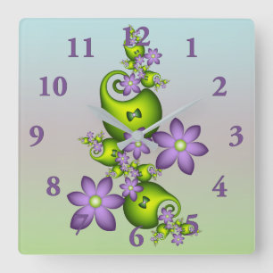 Blumenfantasy Lilac Blume Grüne Formen Fraktal Quadratische Wanduhr