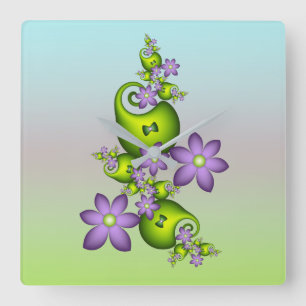 Blumenfantasy Lilac Blume Grüne Formen Fraktal Quadratische Wanduhr