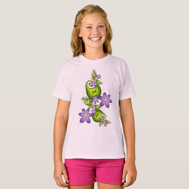 Blumenfantasy Lilac Blume Grüne Formen Fraktal T-Shirt (Vorne ganz)