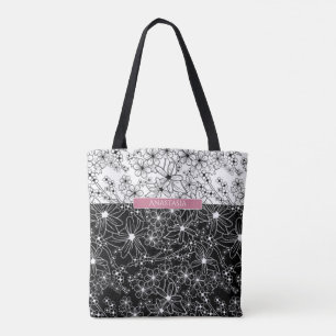 Blumenfarbblockmuster Schwarz-weiß mit Namen Tasche