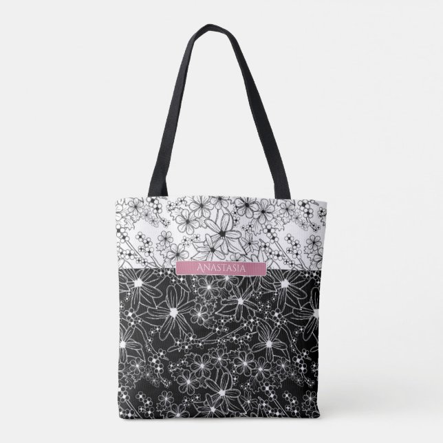 Blumenfarbblockmuster Schwarz-weiß mit Namen Tasche (Rückseite)