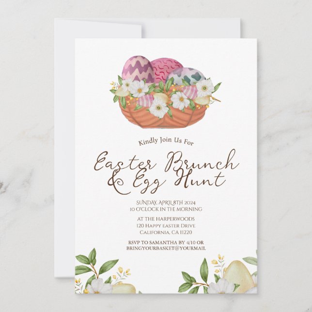 Blumenfarbe Frühlingsbrunch & Eierjagd Einladung (Vorderseite)