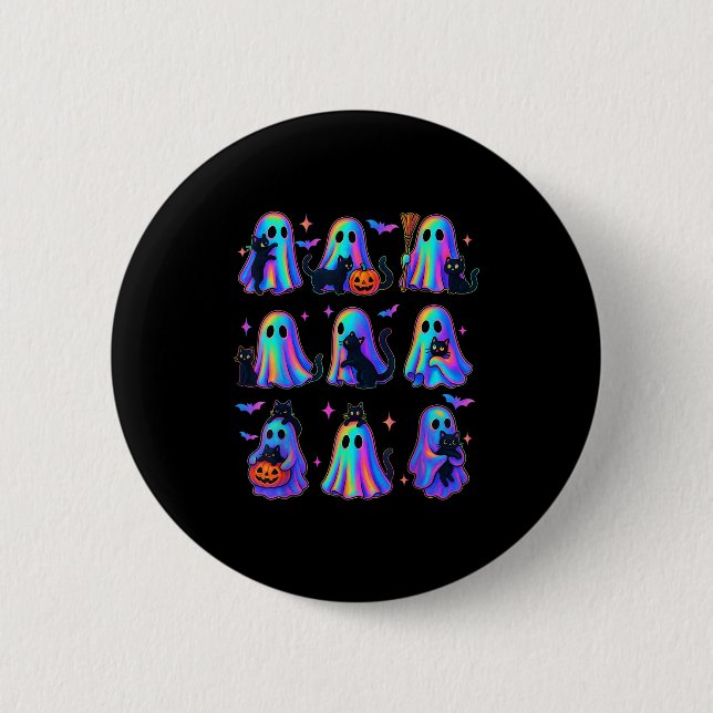 Blumenfarben-Geist, der eine schwarze Katze hellbl Button (Vorderseite)