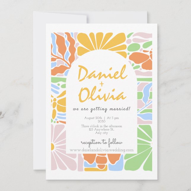Blumenfarbene Retro-Botanische RahmenWedelung Einladung (Vorderseite)