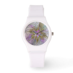 Blumenfarbenes Abstraktes Fraktal mit Rosa und Gol Armbanduhr