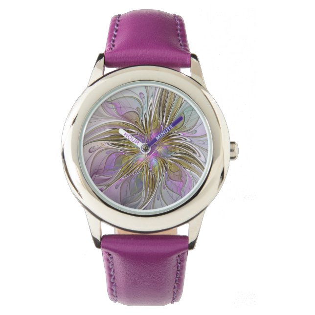 Blumenfarbenes Abstraktes Fraktal mit Rosa und Gol Armbanduhr (Vorderseite)
