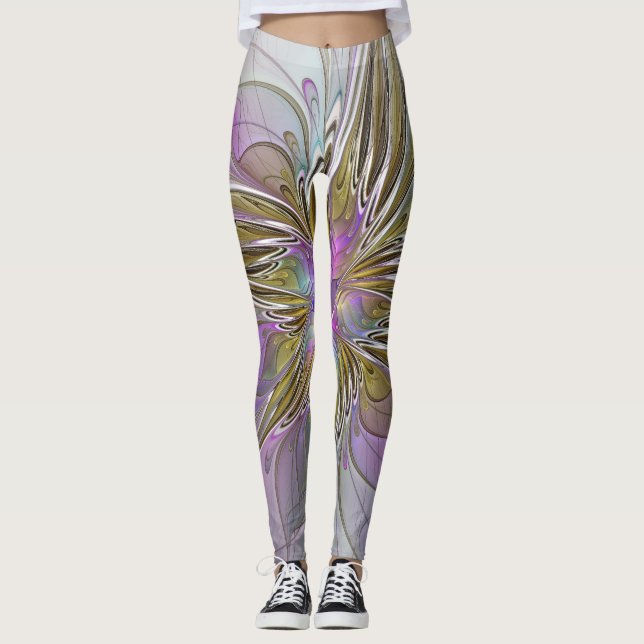 Blumenfarbenes Abstraktes Fraktal mit Rosa und Gol Leggings (Vorderseite)