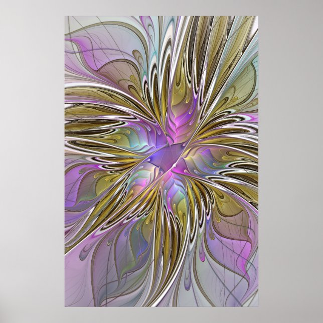 Blumenfarbenes Abstraktes Fraktal mit Rosa und Gol Poster (Vorne)