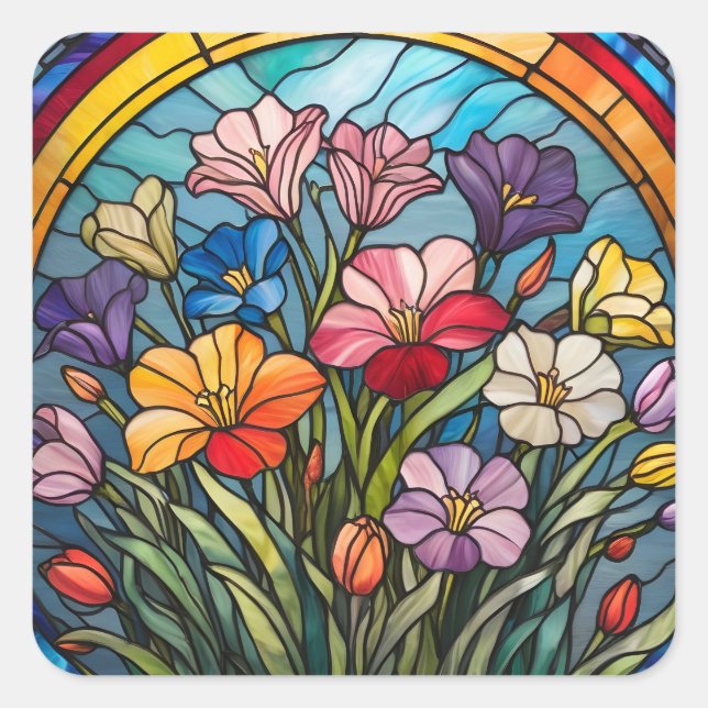 Blumenfarbglas Quadratischer Aufkleber (Vorderseite)