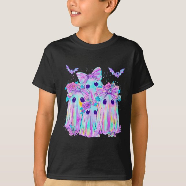 Blumenfarbige Geister Boo Coquette Bow Spooky Hal T-Shirt (Vorderseite)