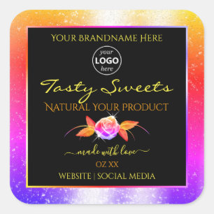 Blumenfarbige Glitzer-Logo für schwarze Produktmar Quadratischer Aufkleber