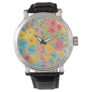Blumenfarbmuster in gelber Farbe Armbanduhr