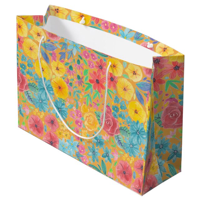 Blumenfarbmuster in gelber Farbe Große Geschenktüte (Rückseite Schrägansicht)