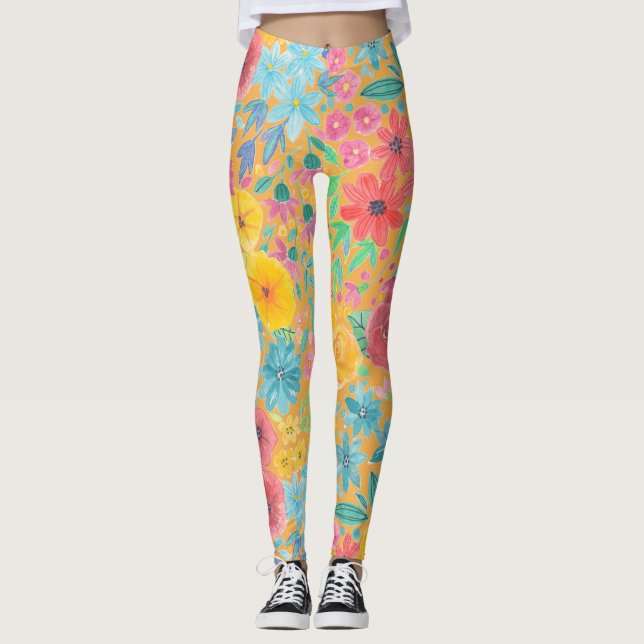 Blumenfarbmuster in gelber Farbe Leggings (Vorderseite)