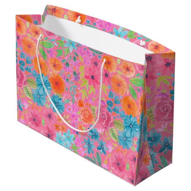 Blumenfarbmuster in Rosa Große Geschenktüte (Rückseite Schrägansicht)