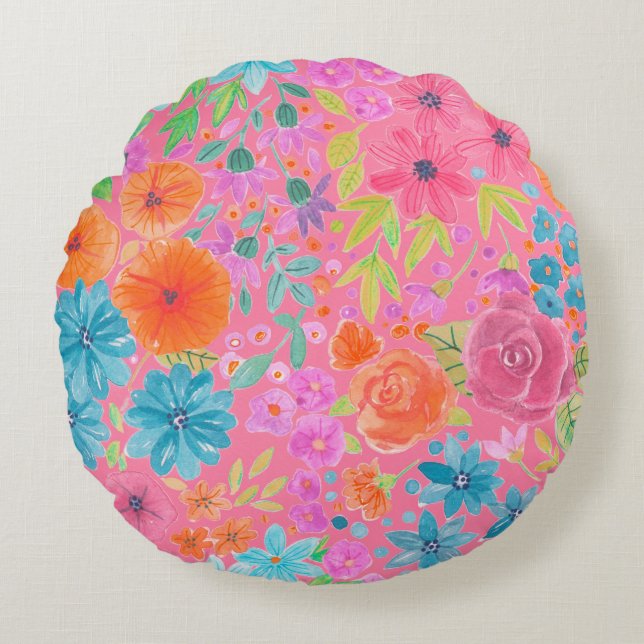 Blumenfarbmuster in Rosa Rundes Kissen (Vorderseite)