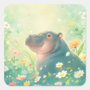 Blumenfelder und Happy Hippo Quadratischer Aufkleber