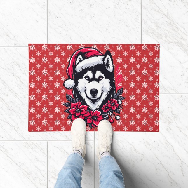 Blumenfestivals Husky Hund mit Weihnachtsmannmütze Fußmatte (Indoor)