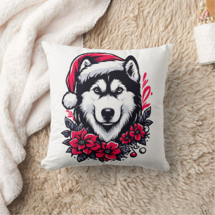 Blumenfestivals Husky Hund mit Weihnachtsmannmütze Kissen