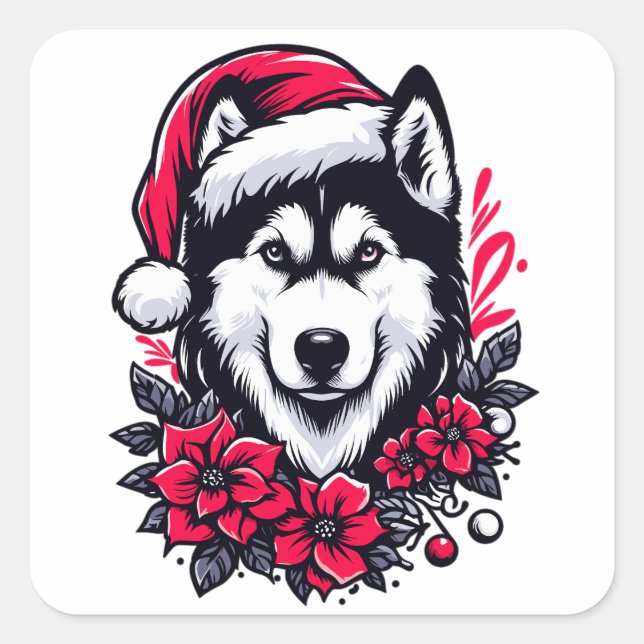 Blumenfestivals Husky Hund mit Weihnachtsmannmütze Quadratischer Aufkleber (Vorderseite)