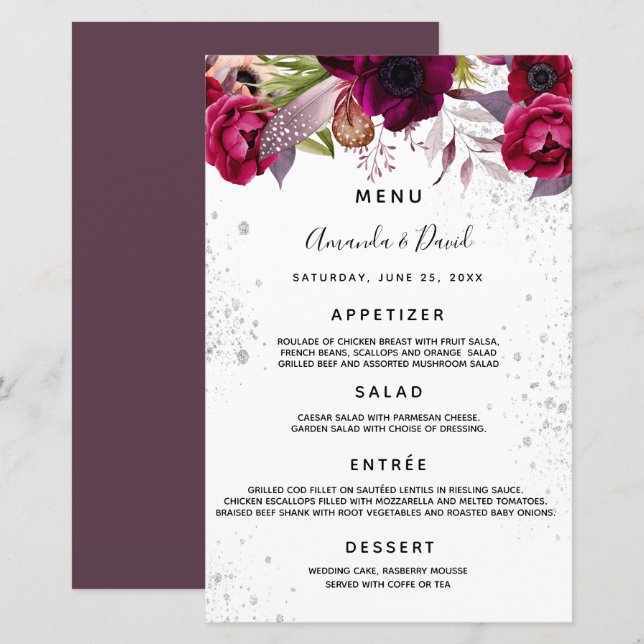 Blumenflorale des Hochzeitmenüs, weißbordeauxrot,  (Vorne/Hinten)