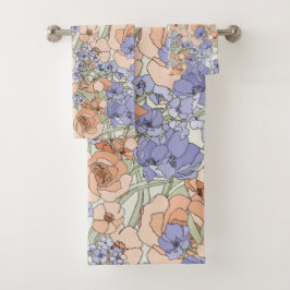 Blumenfoliage Blume Rose Beige Creme Lila Badhandtuch Set