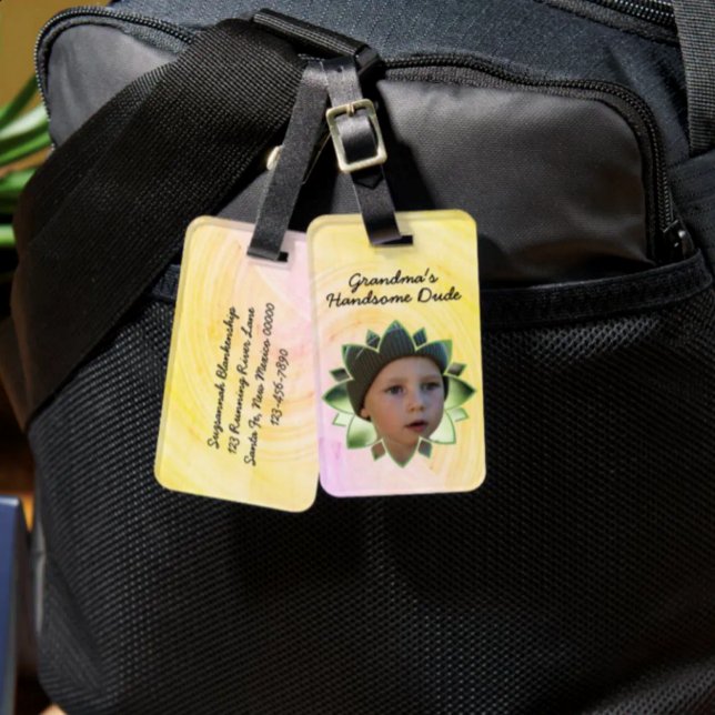 Blumenform Austauschbares Foto Farbiger Hintergrun Gepäckanhänger (Double-sided option view of acrylic luggage tag.)