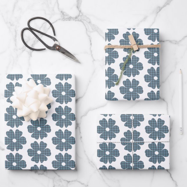Blumenförmig kariert Blau Grau Geschenkpapier Set (Vorderseite)