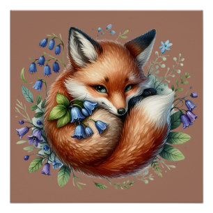 Blumenfox Botanische Holzkunst Poster