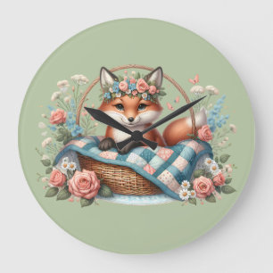 Blumenfox im Korb mit Quilt und Blume Große Wanduhr