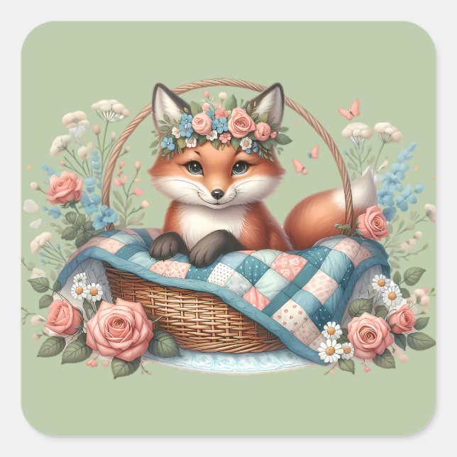 Blumenfox im Korb mit Quilt und Blume Quadratischer Aufkleber (Vorderseite)