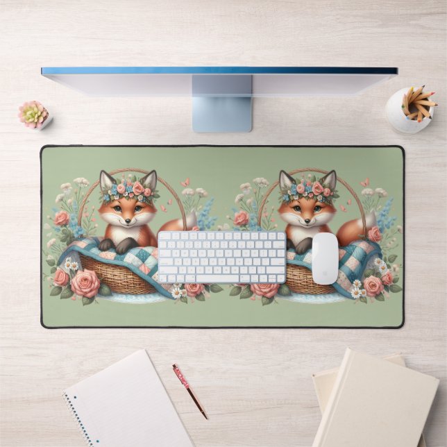 Blumenfox im Korb mit Quilt und Blume Schreibtischunterlage (Büro 1)