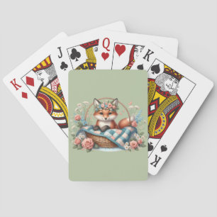 Blumenfox im Korb mit Quilt und Blume Spielkarten