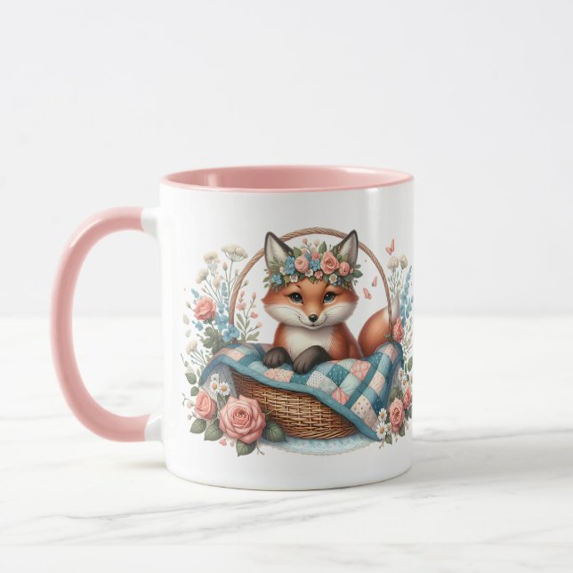 Blumenfox im Korb mit Quilt und Blume Tasse (Links)