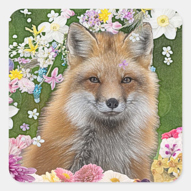 Blumenfox Quadratischer Aufkleber (Vorderseite)