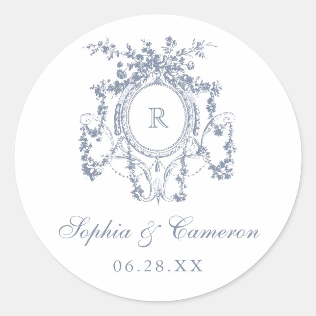 Blumenfranzösisch Rose Wappen Wedding Monogram Runder Aufkleber (Vorderseite)