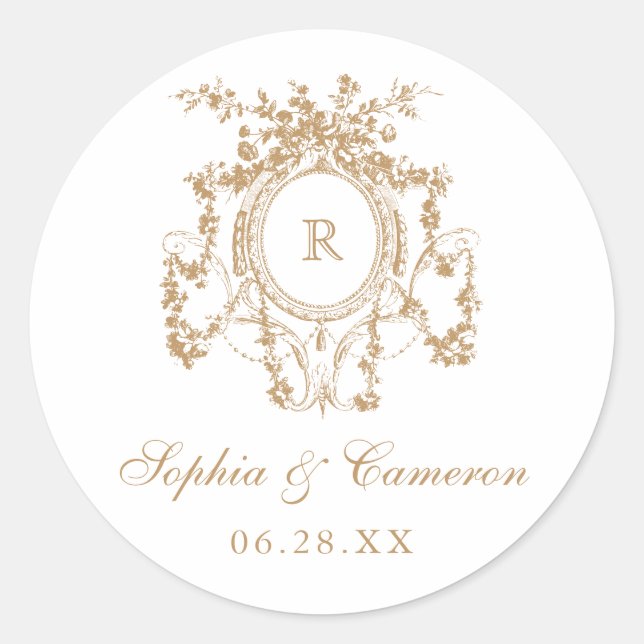 Blumenfranzösisch Rose Wappen Wedding Monogram Runder Aufkleber (Vorderseite)