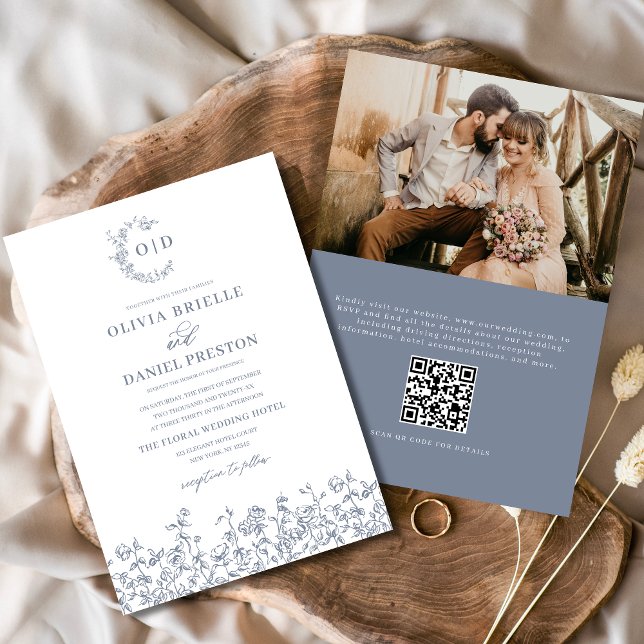 BlumenFrench Monogram Foto Dusty Blue Wedding Einladung (Von Creator hochgeladen)