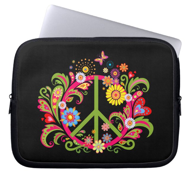 Blumenfriedenszeichen auf schwarz laptopschutzhülle (Vorderseite)