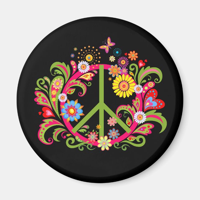 Blumenfriedenszeichen auf schwarz magnet (Vorne)