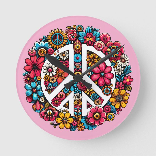 Blumenfriedzeichen Symbol für Farbbilderkunst Runde Wanduhr (Vorderseite)