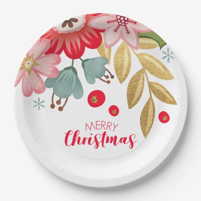 Blumenfrohe Weihnachtsdruckplatte Party Pappteller (Vorderseite)