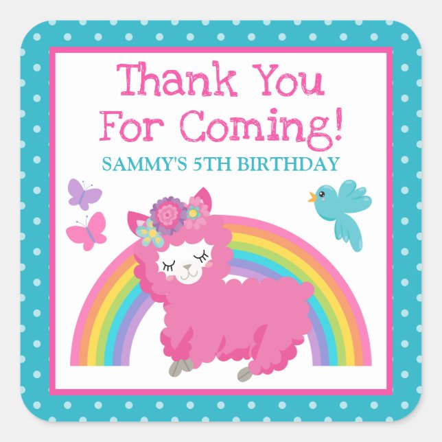 Blumenfrühling Rosa Lama & Rainbow Birthday Quadratischer Aufkleber (Vorderseite)