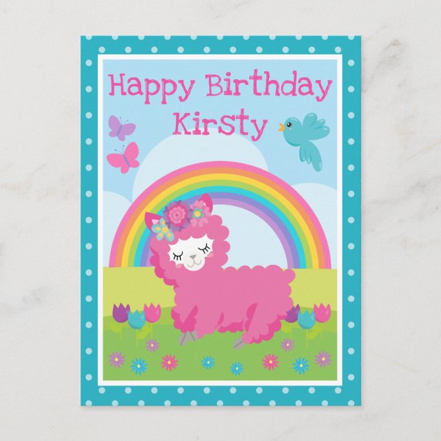 Blumenfrühling Rosa Lama und Regenbogen Geburtstag Postkarte (Vorderseite)