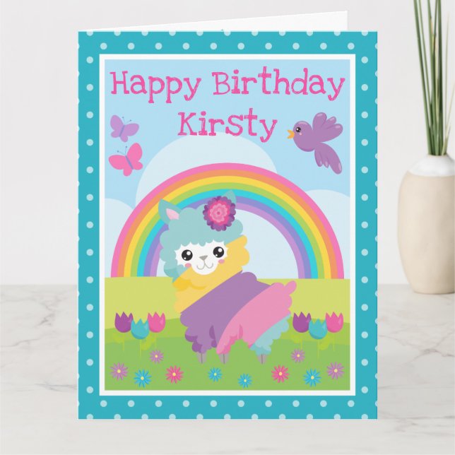 Blumenfrühlingstrauß Llama & Rainbow Birthday Karte (Vorderseite)