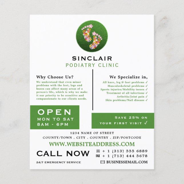 Blumenfußabdrücke, Podiatrie-Klinik, Podiatrist Flyer (Vorne)