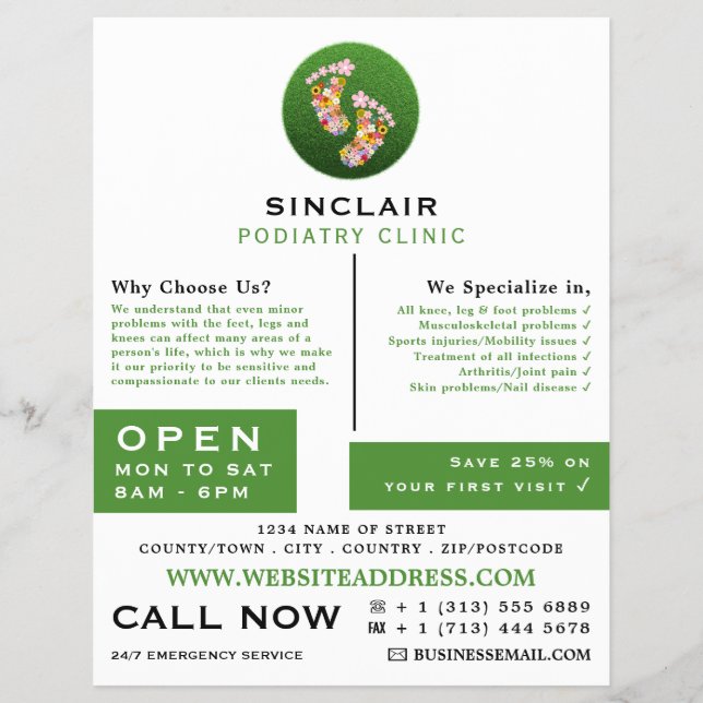 Blumenfußabdrücke, Podiatrie-Klinik, Podiatrist Flyer (Vorne)