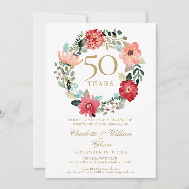 Blumengarland Chic Gold 50. Hochzeitstag Einladung (Vorderseite)
